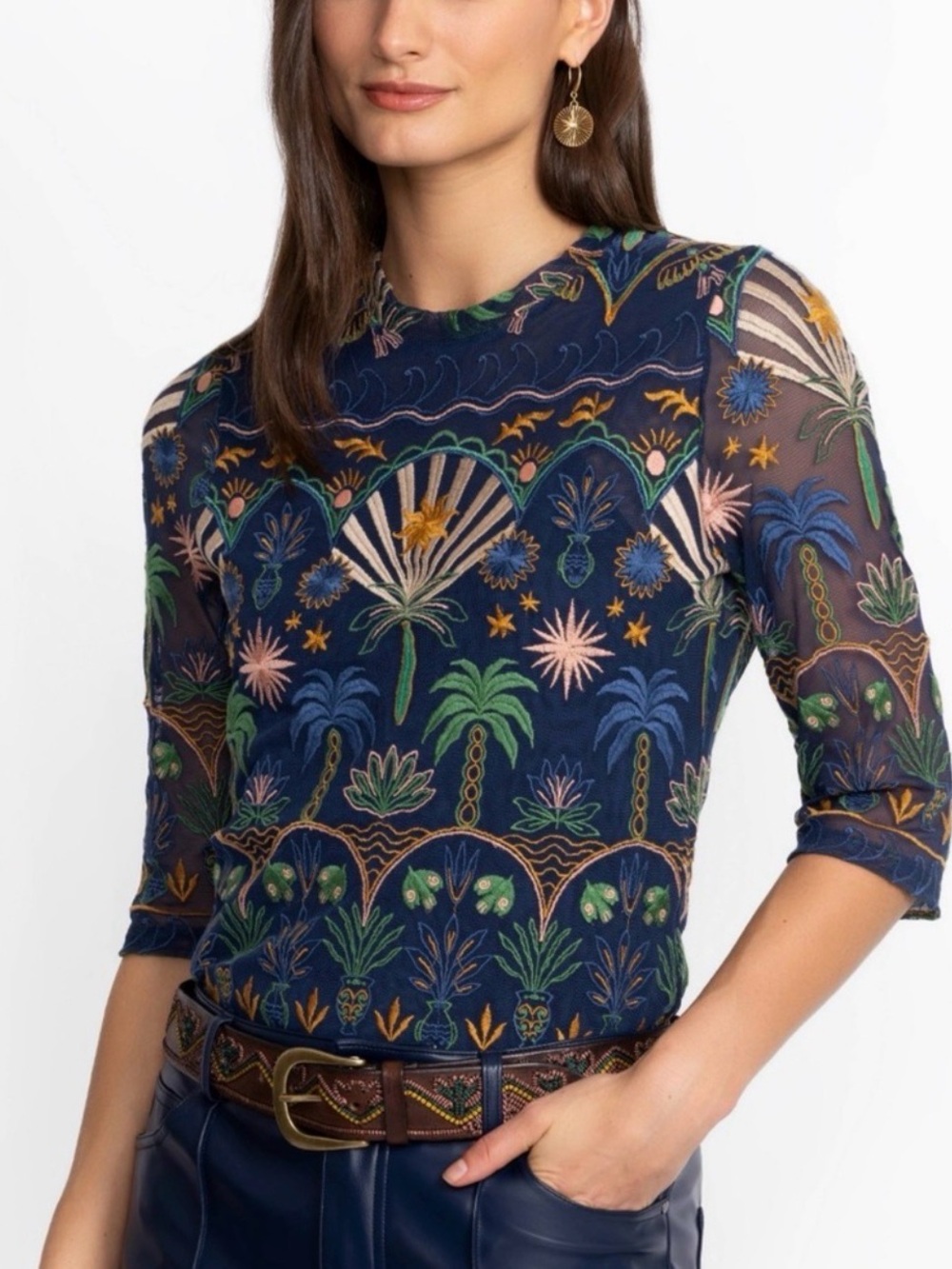 Johnny Was Jade- Navy Kaia mesh tee Del Mar Embroidered Botanical elbow sl top